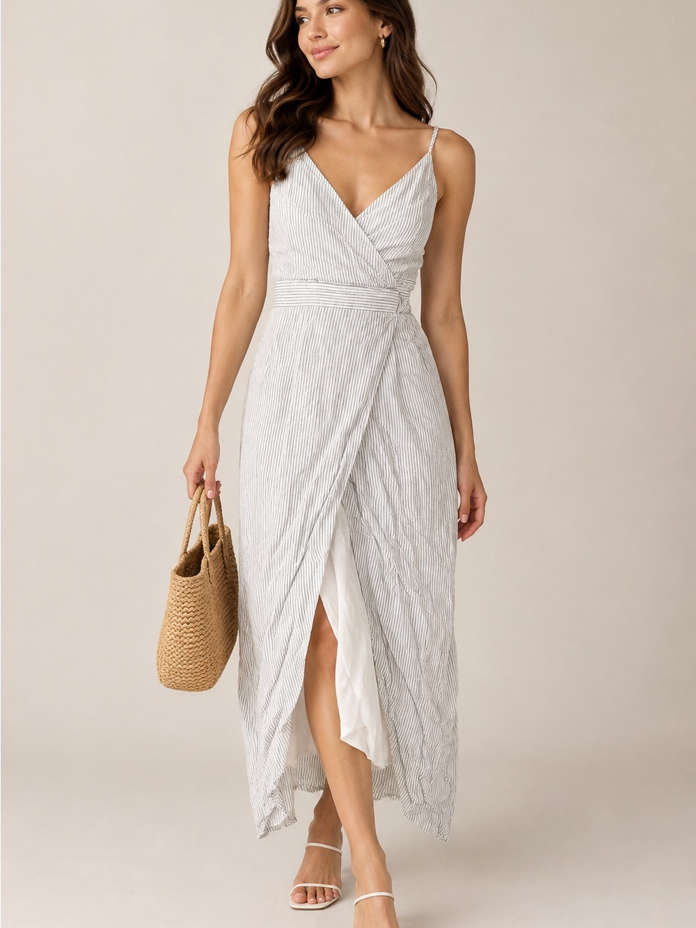 Striped Faux-Wrap Maxi Dress in Light Gray